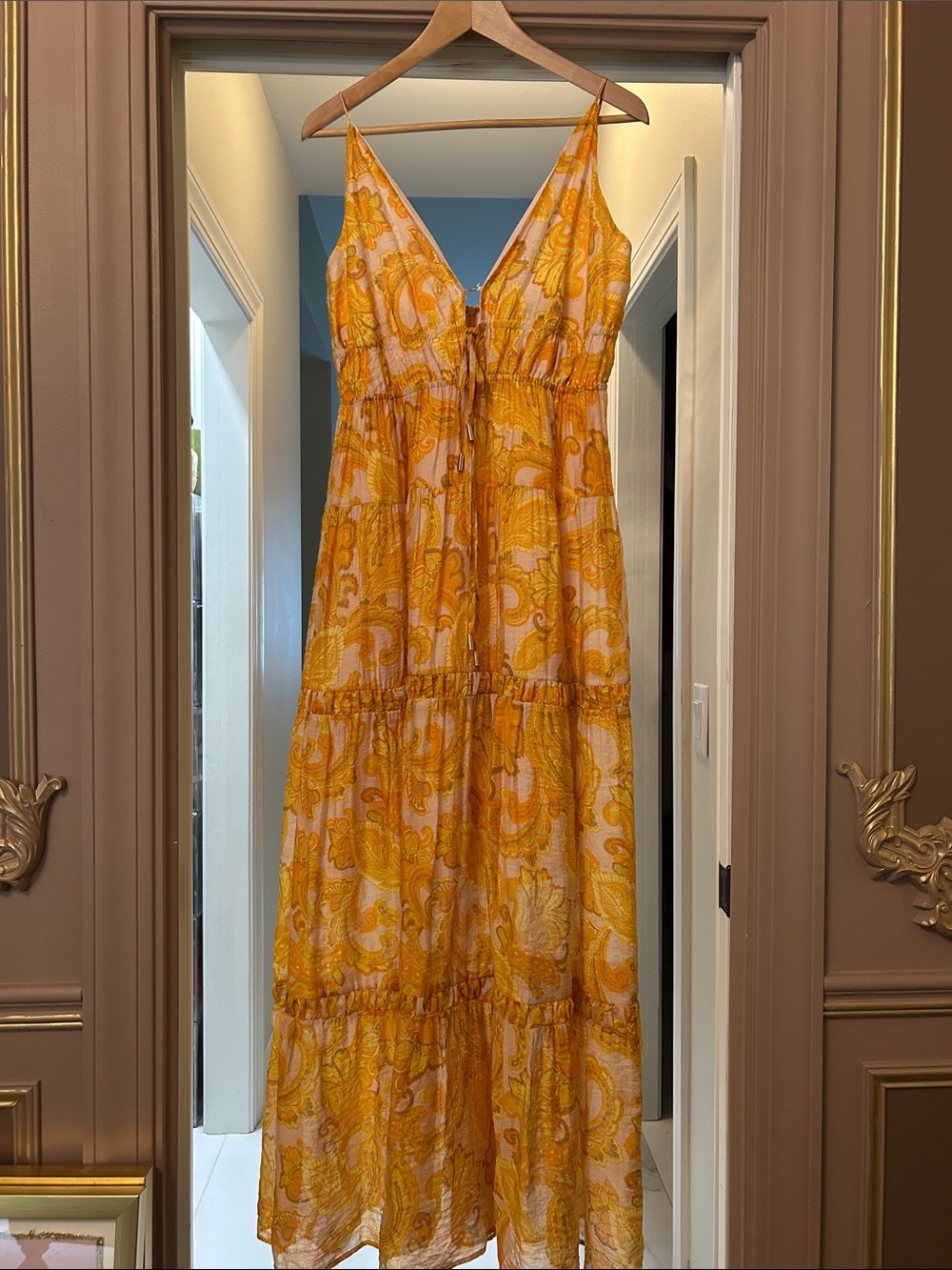 MINKPINK Yellow Paisley V-Neck Tiered Maxi Dress